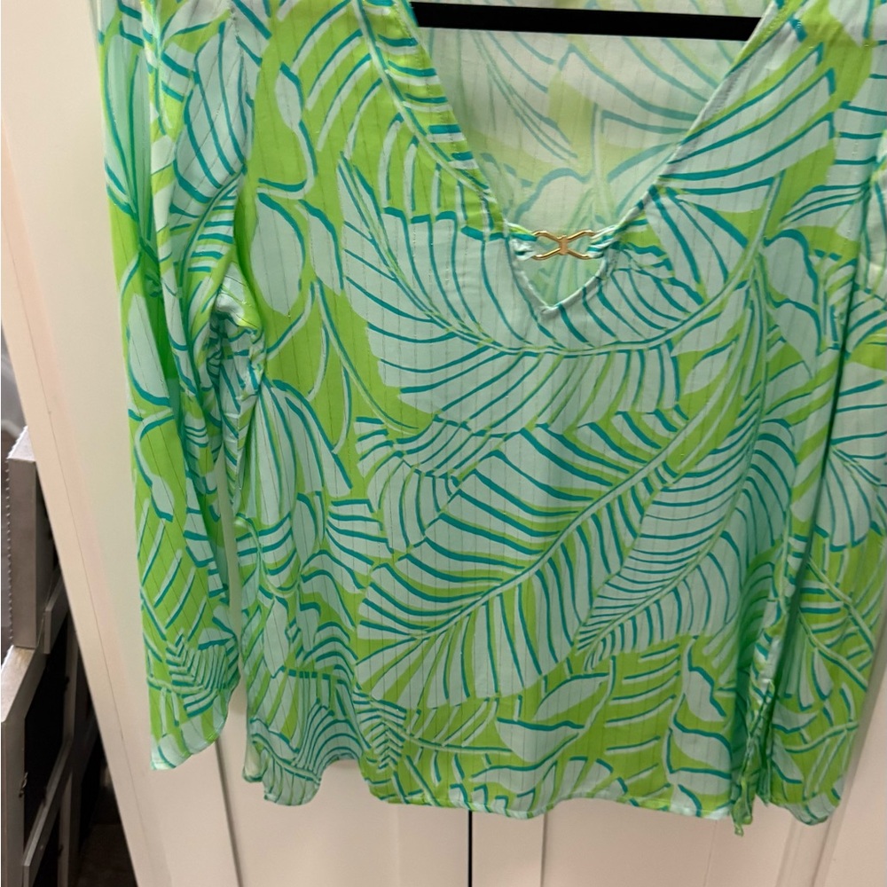 Boston Proper Resort Abstract Print Hardware Shimmer Tunic Blue/Green - Picture 4 of 7